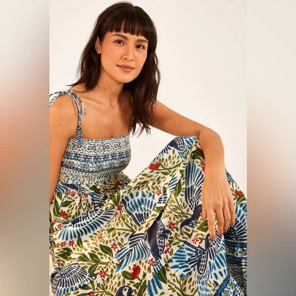Off White Macaw Flight Smocked Maxi Dress FARM Rio - Picture 2 of 6